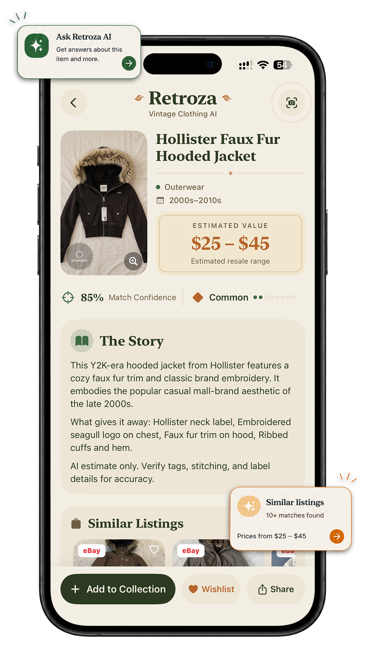 Retroza iPhone result showing identification details, estimated value, story, and similar listings