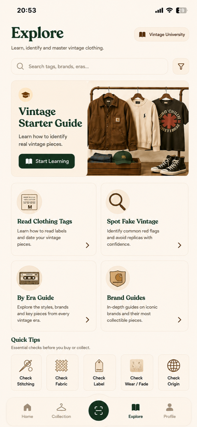 Retroza Explore screen with vintage starter guide and clothing education