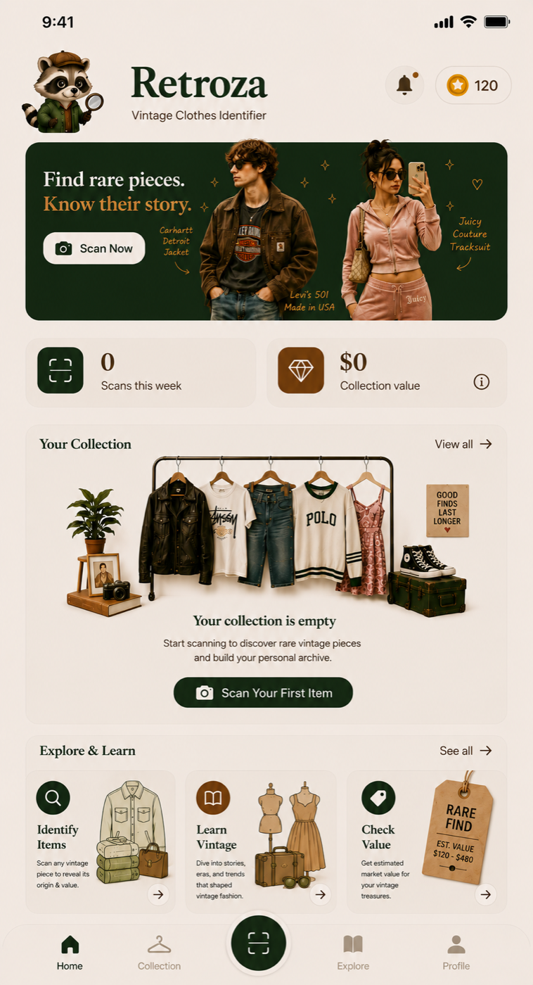 Retroza home screen showing a vintage clothing collection and scan button