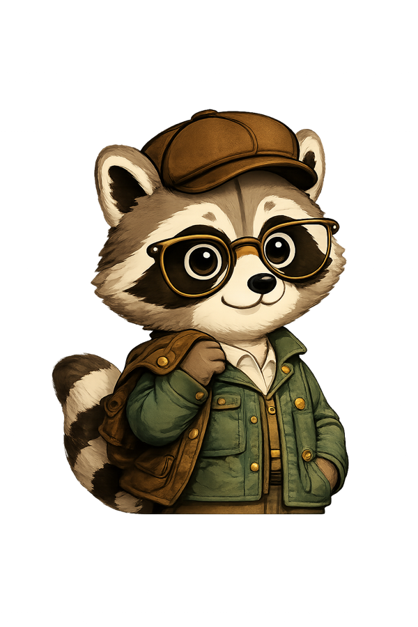 Retroza raccoon mascot holding a magnifying glass
